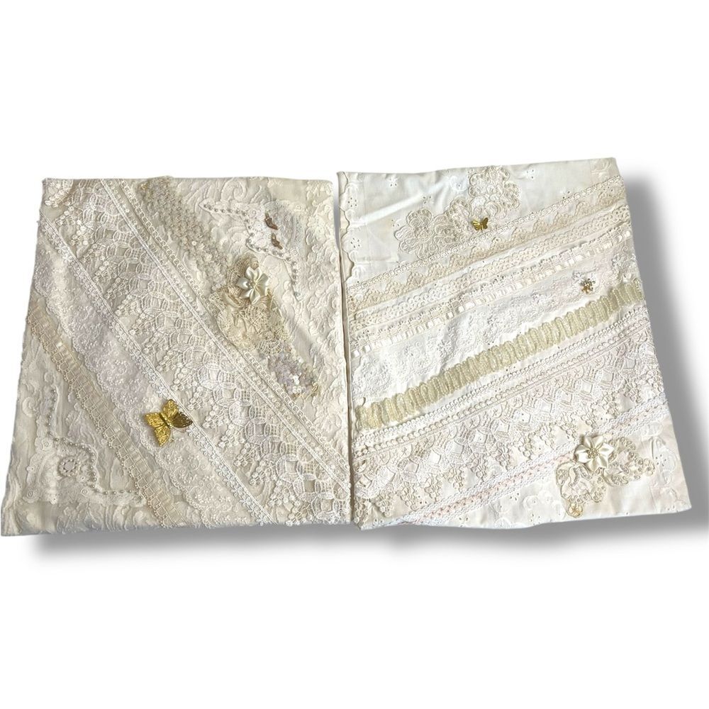 Handmade Vintage Cream Lace Pillow Covers Embellished Butterflies Tie Back